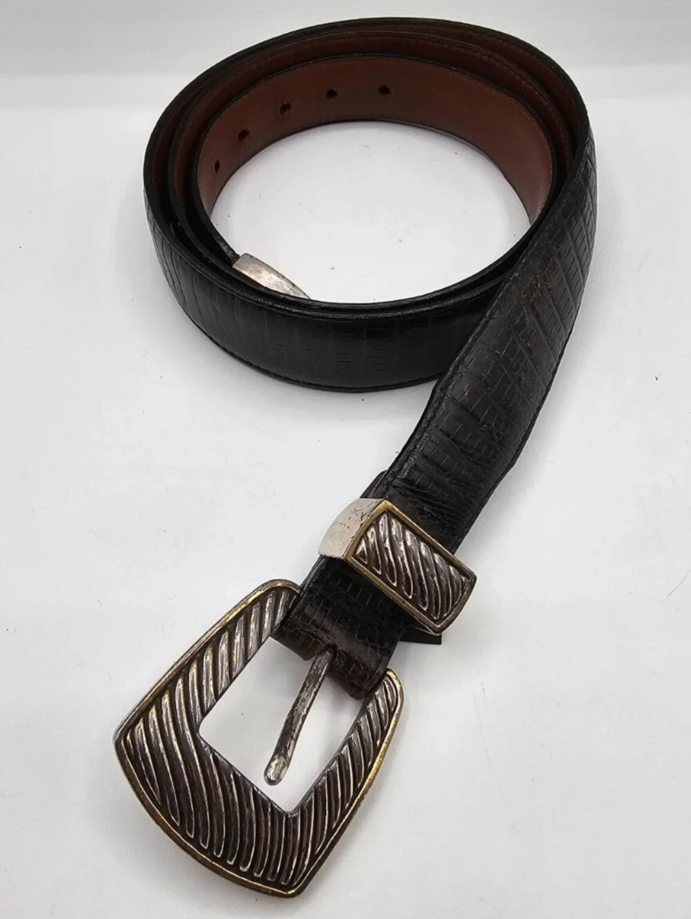 Vintage 1990's Onyx by Brighton Sz 42 2 Tone Black Brown Leather Western Belt